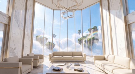 Obraz premium Modern Luxury Penthouse Living Room Interior with Panoramic Window View of Fantasy Floating Islands and Rainbow