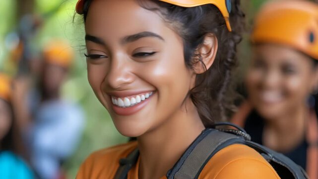 Smiling woman in an orange safety helmet turns her gaze beside a group during an outdoor adventure activity