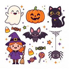 Fototapeta premium Cute Halloween Cartoon Character Set with Ghost Pumpkin Witch and Black Cat
