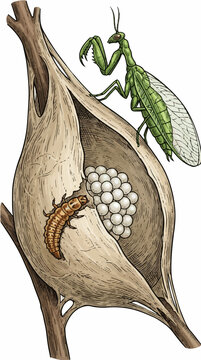 Mantis Fly Larva Spider Egg Sac Entry Parasitoid Burrowing Vector Illustration