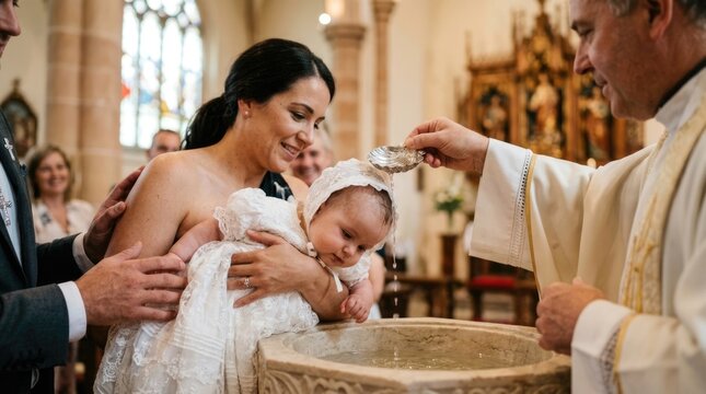 Mother Holding Baby During Traditional Christian Baptism Ceremony with Priest in Church