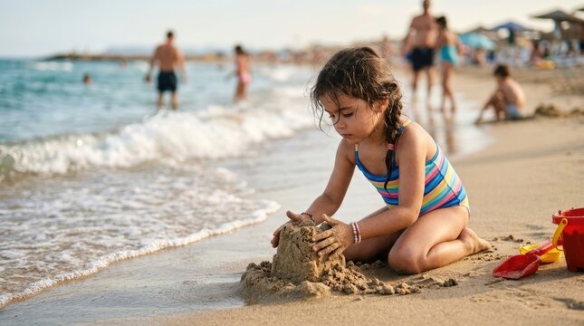 Young Girl Building Sandcastle on Sunny Beach Near Ocean Waves During Summer Vacation