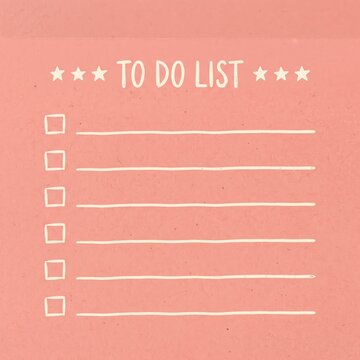 Coral pink sticky note with a printed to do list and empty checkboxes