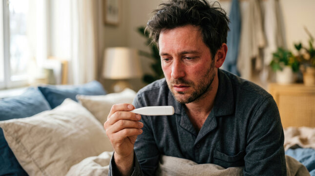 Sick Man Checking Digital Thermometer While Resting at Home in Bed