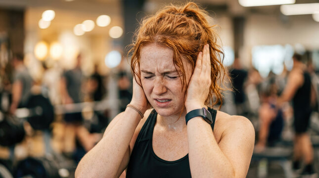 Exhausted Young Woman Covering Ears During Intense Workout in Busy Fitness Gym