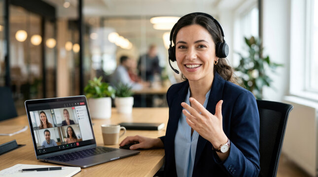 Smiling Businesswoman Wearing Headset During Online Video Conference in Modern Office