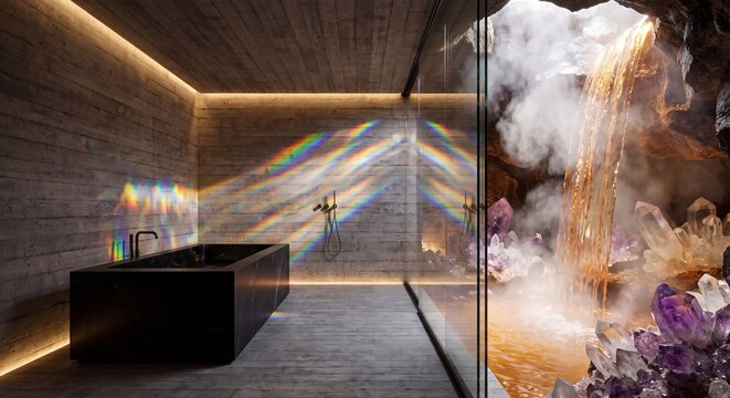 Modern Brutalist Spa Bathroom Interior with Black Marble Bathtub Rainbow Light and View of Crystal Cave Geothermal Waterfall