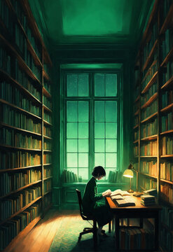 Person reading at a small desk between tall library shelves Generative AI