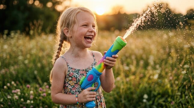 Happy Young Girl Playing with Colorful Water Blaster Outdoors in Summer Sunset Light