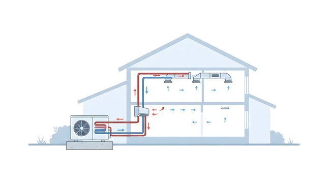 Air source heat pump system diagram showing heating and cooling cycles for a residential house with outdoor unit and indoor ventilation