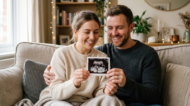 Happy Expectant Couple Holding Ultrasound Photo While Celebrating Pregnancy at Home