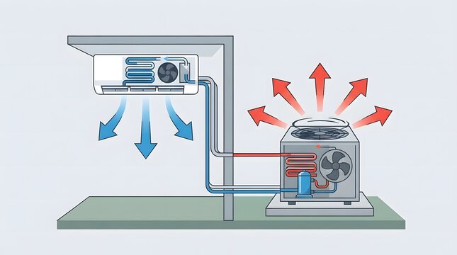 Detailed technical diagram of a split system heat pump operating in cooling mode showing indoor and outdoor units