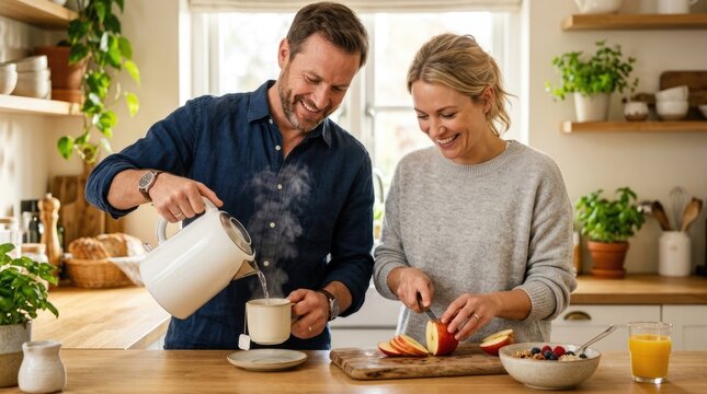 Happy Couple Preparing Healthy Breakfast Together in Bright Modern Home Kitchen