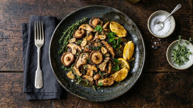 Roasted Mixed Mushrooms with Garlic Herbs and Grilled Lemon on Rustic Table