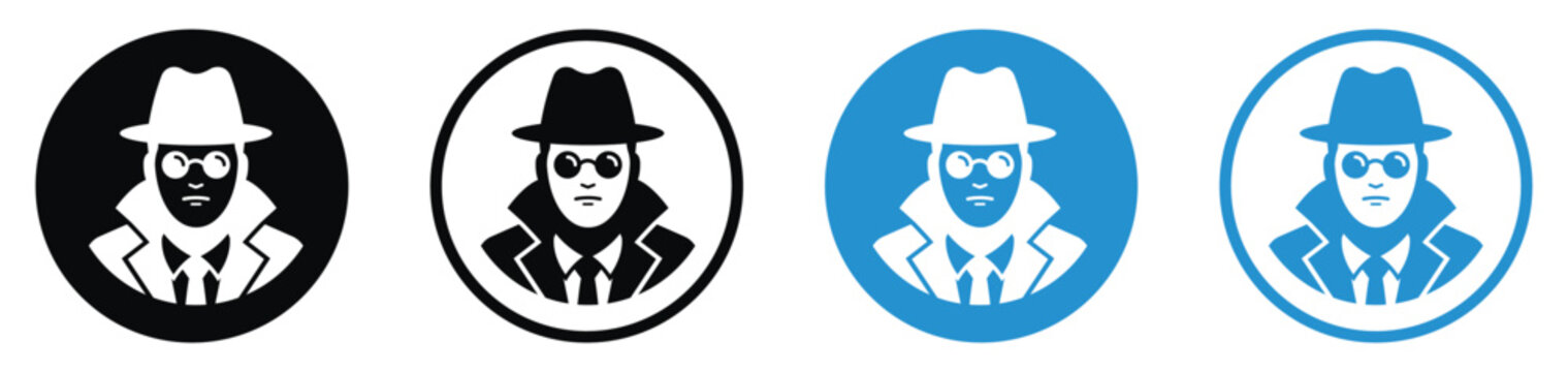Secret agent detective avatar icon set showing a man wearing a fedora hat, sunglasses, and trench coat in black and blue circular badges.