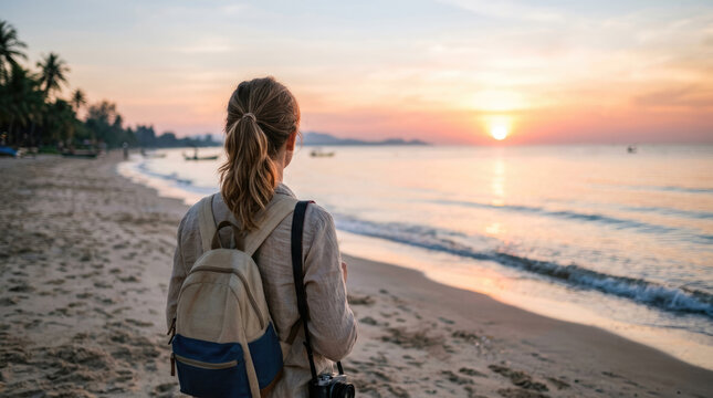 Female Traveler with Backpack Watching Beautiful Sunrise over Tropical Beach and Ocean