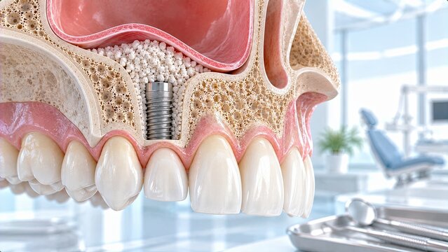 A Detailed Medical Cross Sectional Model Showing Sinus Lift Surgery For Dental Implant Placement