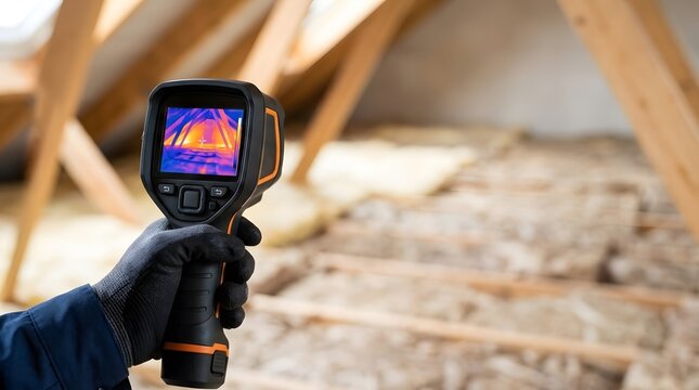 Professional technician using a thermal imaging camera to inspect attic insulation for energy efficiency and heat loss detection in a residential building