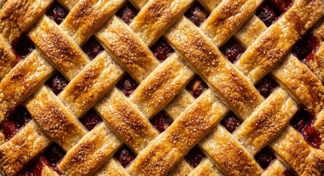 Macro top-down view of a freshly baked cherry pie with a golden lattice crust, sugared topping, and rich berry filling.