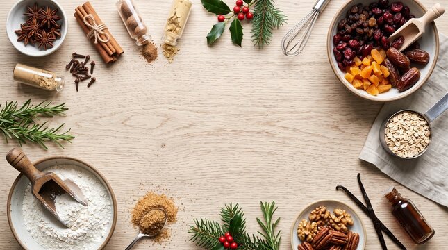Christmas baking ingredients arranged on a wooden table for holiday treats vector illustration