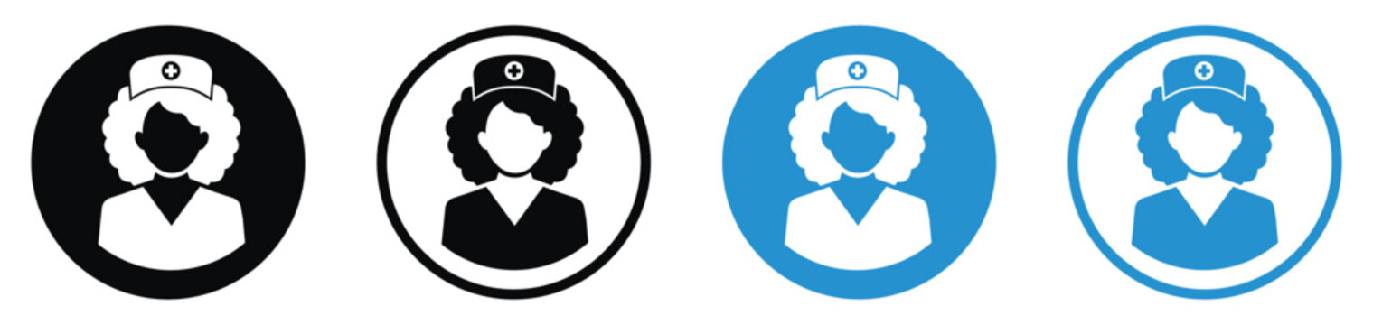 Nurse healthcare worker avatar icon set depicting a female medical professional with a cross hat in black and blue circular designs.