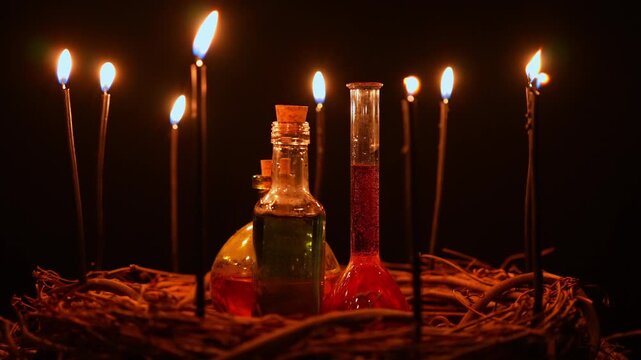 Potion vials surrounded with black magic candles and forest twigs on black background in slow motion. Flames flickering on the wicks. Halloween witchcraft alchemy and spiritual healing occultism.