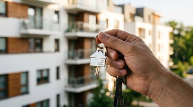 Hand holding keys to a new modern apartment building