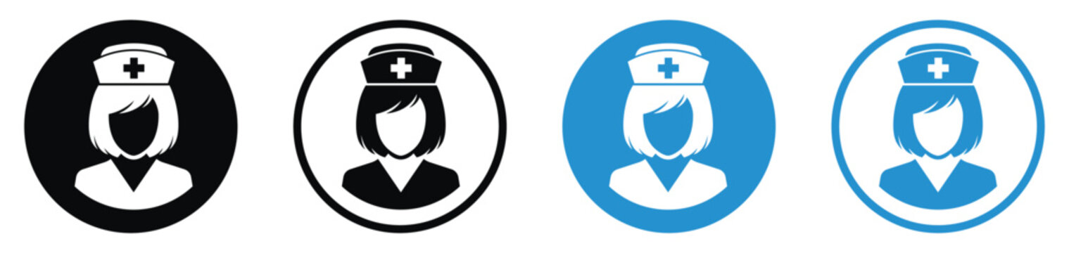 Nurse healthcare worker avatar icon set depicting a female medical professional with a cross hat in black and blue circular designs.