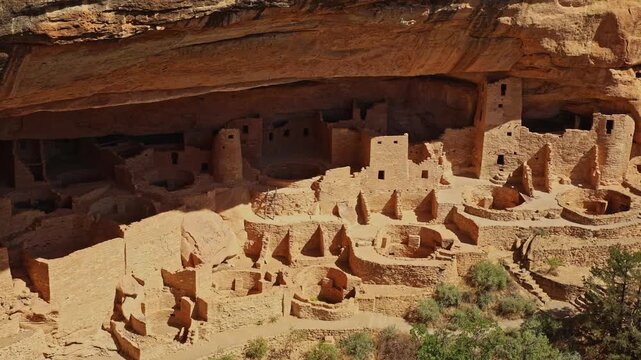 Warm sunset light illuminates ancient masonry dwellings nestled beneath towering sandstone cliffs at Mesa Verde Cliff Palace