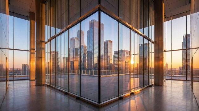 Modern glass office building interior with panoramic city skyline view at sunset, featuring golden light reflections on floor and windows in a corporate skyscraper setting, concept of corporate succes