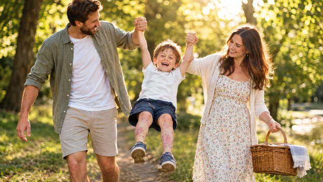 Family walking in a sunny park with child who has psoriasis  
