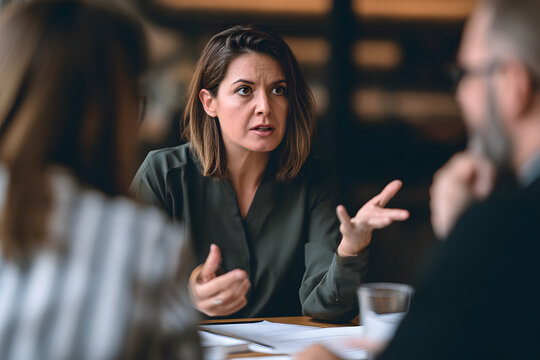 A female manager is having a vigorous discussion with her employees during the meeting