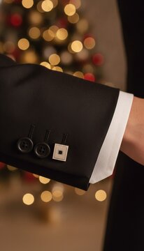 Close-up of a man wearing a black tuxedo jacket with a silver cufflink and white shirt sleeve against a blurred Christmas tree background, concept of holiday elegance and formal celebration