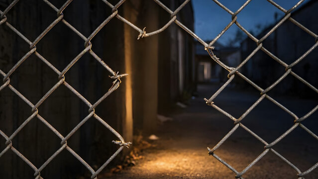 Chain-Link Fence With a Cut Open Gap and Warm Light Beam Passing Through, Symbol of Path to Safety