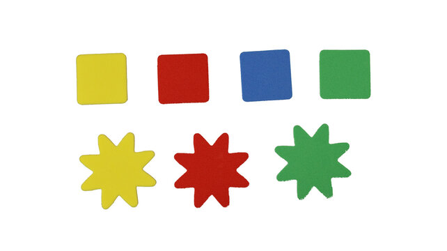 Collection of colored plastic geometric shapes on a transparent PNG background.