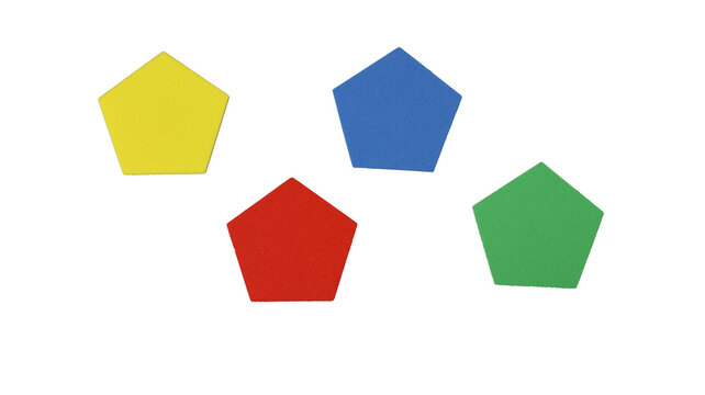 Collection of colored plastic pentagon shapes on a transparent PNG background.