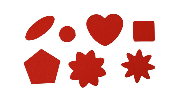 Collection of red plastic geometric shapes on a transparent PNG background.