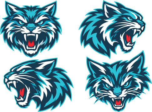 Aggressive wildcat mascot head set, 4 fierce bobcat vector illustrations, blue and white lynx sports logos for gaming and apparel