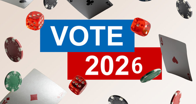 Democracy, presidential election 2026 and voting poll concept with red, white and blue vote glossy button pin with stars and stripes