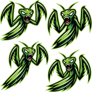 Aggressive praying mantis mascot vector set, angry green insect sports logos, 4 fierce bug character illustrations for gaming