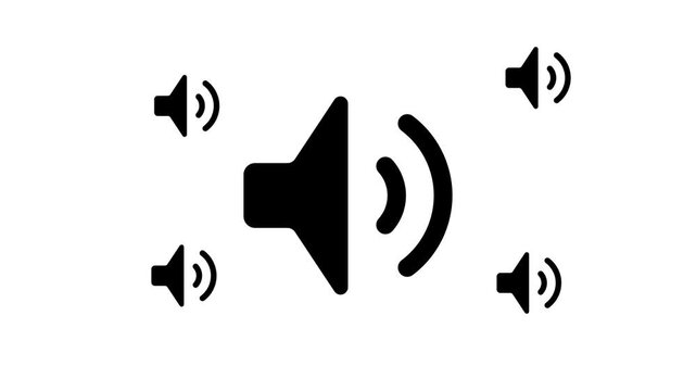 Zoom in and out animation the volume symbol. Large black symbol in the center and four small symbols around. Seamless looped 4k animation on white background
