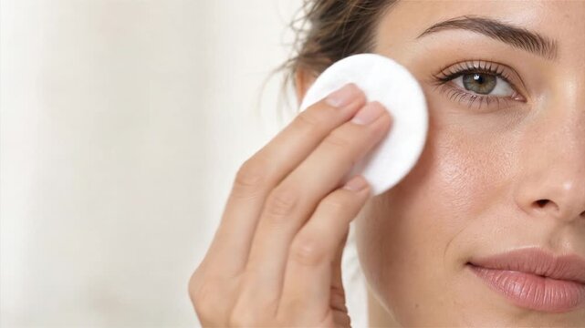 Extreme close-up of a relaxed woman gently wiping her cheek with a cotton pad. Premium facial cleansing, natural beauty and daily skincare routine concept.