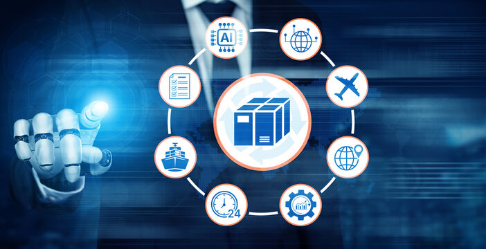Digital Logistics Management Concept with Delivery Icons and Businessman Touching Interactive Display on Futuristic Background. Bitwise.
