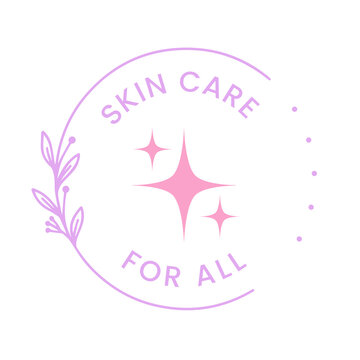 Purple and Pink Skincare For All Round Badge Logo with Floral Leaves and Sparkles Vector Illustration