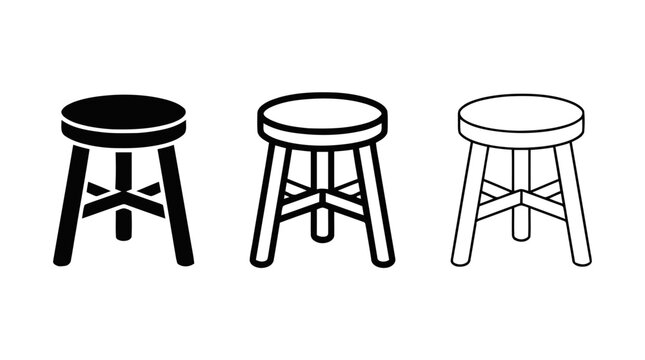 Vector illustration of three legged stool furniture icons set in different styles on a transparent background