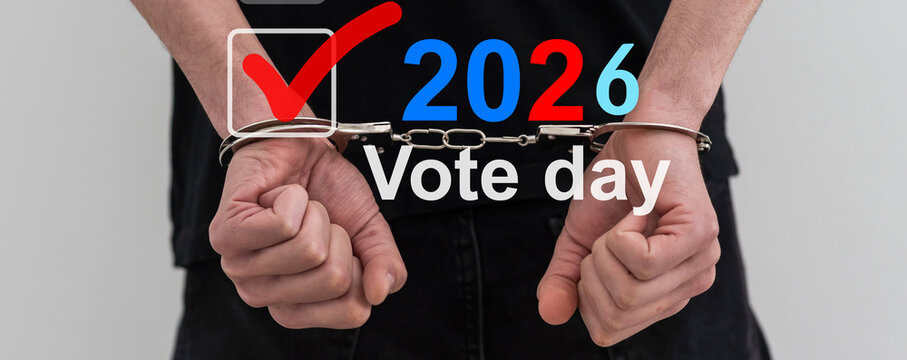Concept of 2026 American Midterm Elections. Midterm Election sign in front of US flag 2026