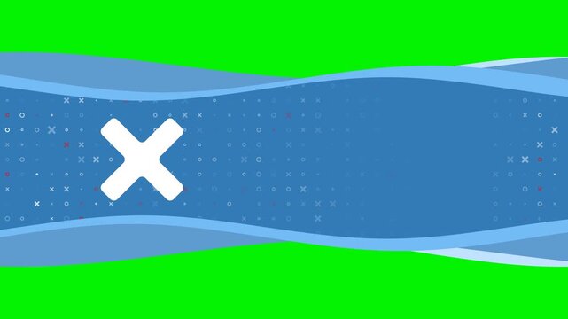 Animation of blue banner waves movement with white close symbol on the left. On the background there are small white shapes. Seamless looped 4k animation on chroma key background