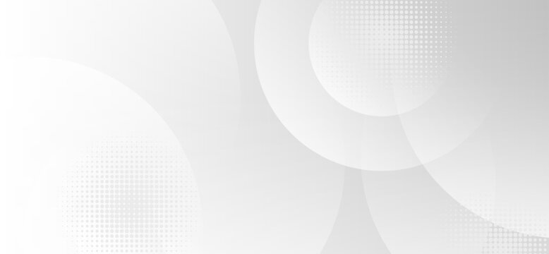 Abstract white and gray geometric background featuring overlapping circles and halftone patterns for professional corporate design presentations