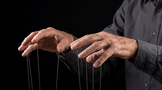 Hands of an older man manipulating strings as a puppeteer symbolizing control and micromanagement
