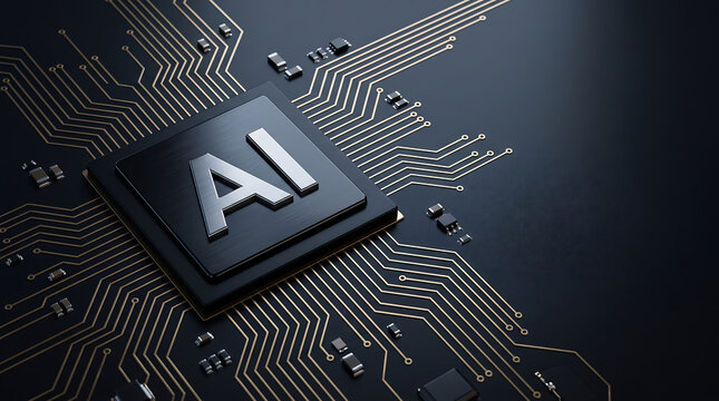 Artificial intelligence processor chip on a dark circuit board, representing AI computing, machine learning, semiconductor engineering and future digital technology.